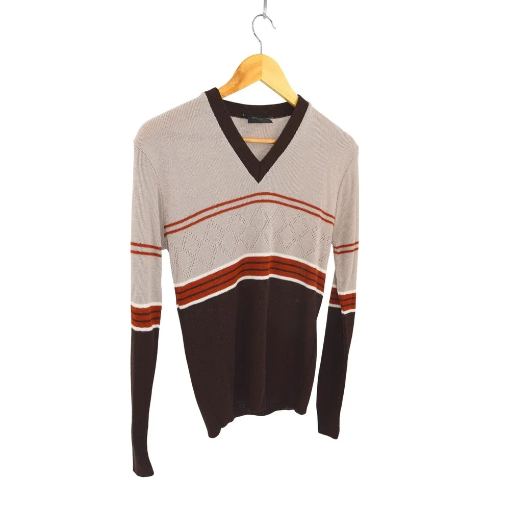 Hands On V Neck‎ Sweater Long Sleeve Stripe Pattern Size M